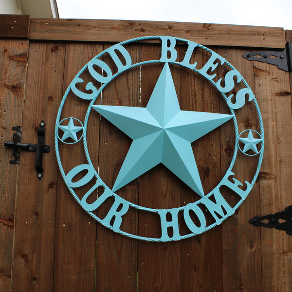 GOD BLESS OUR HOME BARN STAR TURQUOISE AQUA METAL LONE STAR TWISTED ROPE RING WESTERN HOME DECOR HANDMADE #EH12843