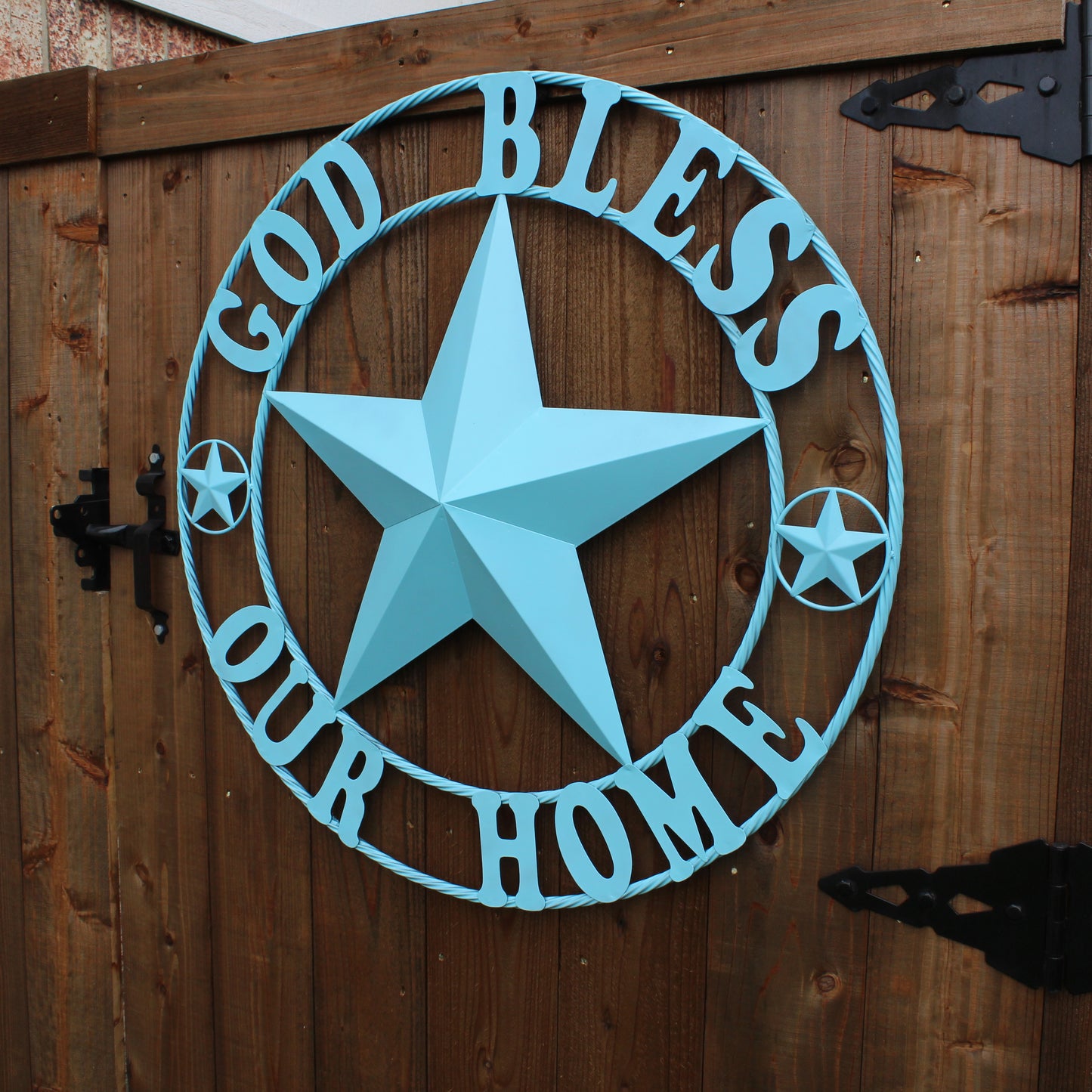 GOD BLESS OUR HOME BARN STAR TURQUOISE AQUA METAL LONE STAR TWISTED ROPE RING WESTERN HOME DECOR HANDMADE #EH12843