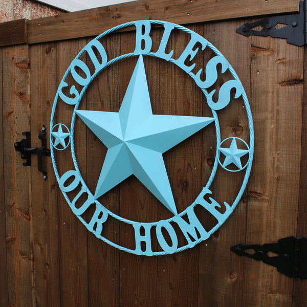 GOD BLESS OUR HOME BARN STAR TURQUOISE AQUA METAL LONE STAR TWISTED ROPE RING WESTERN HOME DECOR HANDMADE #EH12843