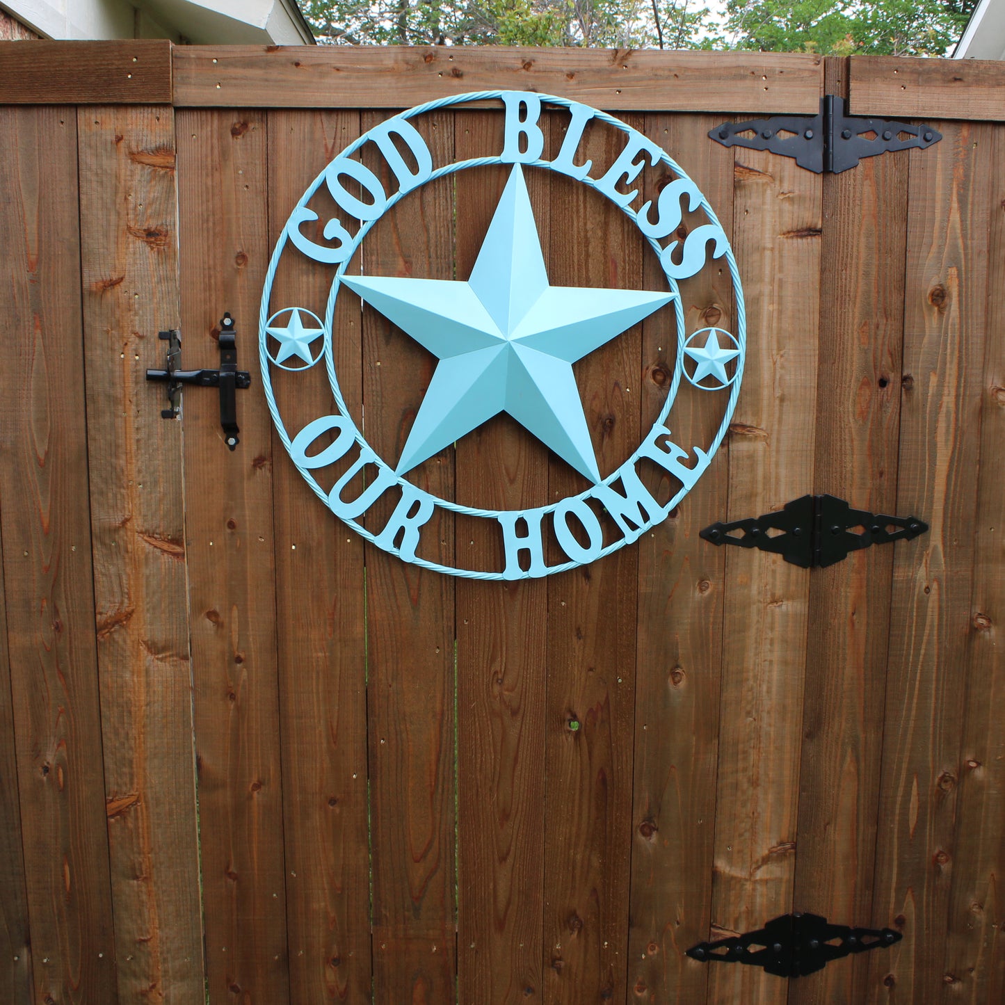 GOD BLESS OUR HOME BARN STAR TURQUOISE AQUA METAL LONE STAR TWISTED ROPE RING WESTERN HOME DECOR HANDMADE #EH12843