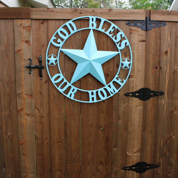 GOD BLESS OUR HOME BARN STAR TURQUOISE AQUA METAL LONE STAR TWISTED ROPE RING WESTERN HOME DECOR HANDMADE #EH12843