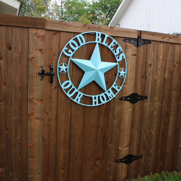 GOD BLESS OUR HOME BARN STAR TURQUOISE AQUA METAL LONE STAR TWISTED ROPE RING WESTERN HOME DECOR HANDMADE #EH12843