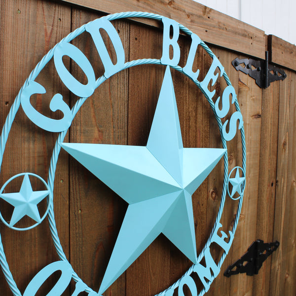 GOD BLESS OUR HOME BARN STAR TURQUOISE AQUA METAL LONE STAR TWISTED ROPE RING WESTERN HOME DECOR HANDMADE #EH12843