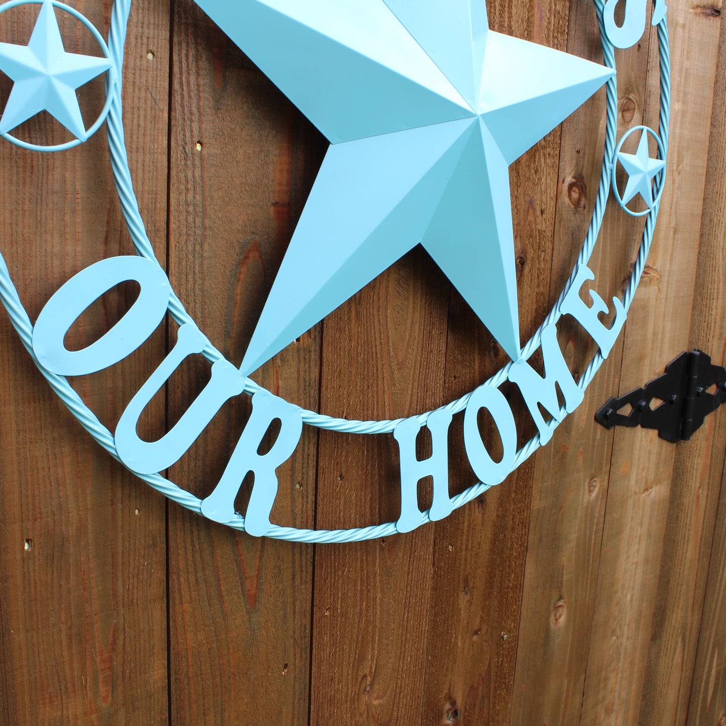 GOD BLESS OUR HOME BARN STAR TURQUOISE AQUA METAL LONE STAR TWISTED ROPE RING WESTERN HOME DECOR HANDMADE #EH12843