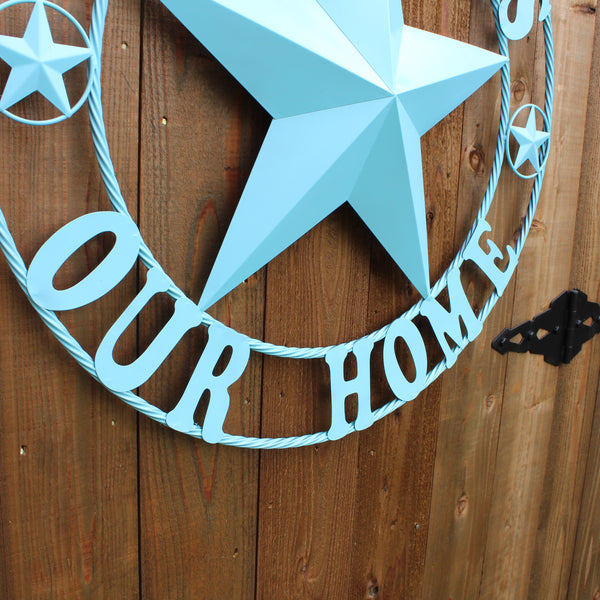 GOD BLESS OUR HOME BARN STAR TURQUOISE AQUA METAL LONE STAR TWISTED ROPE RING WESTERN HOME DECOR HANDMADE #EH12843