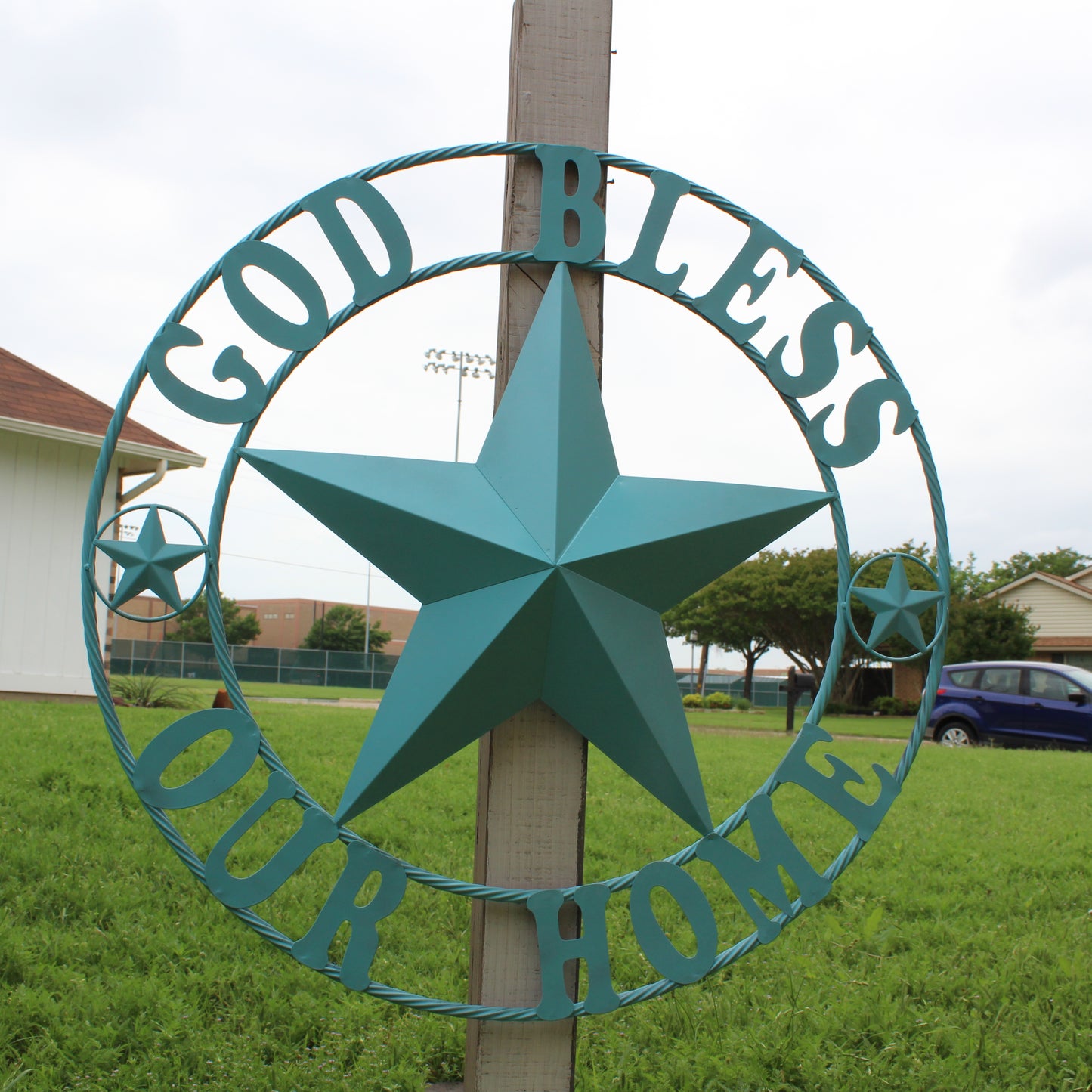GOD BLESS OUR HOME BARN STAR TURQUOISE AQUA METAL LONE STAR TWISTED ROPE RING WESTERN HOME DECOR HANDMADE #EH12843