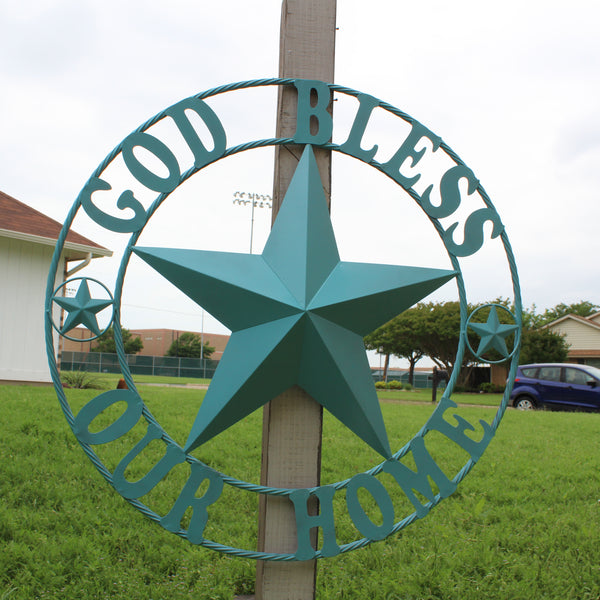 GOD BLESS OUR HOME BARN STAR TURQUOISE AQUA METAL LONE STAR TWISTED ROPE RING WESTERN HOME DECOR HANDMADE #EH12843