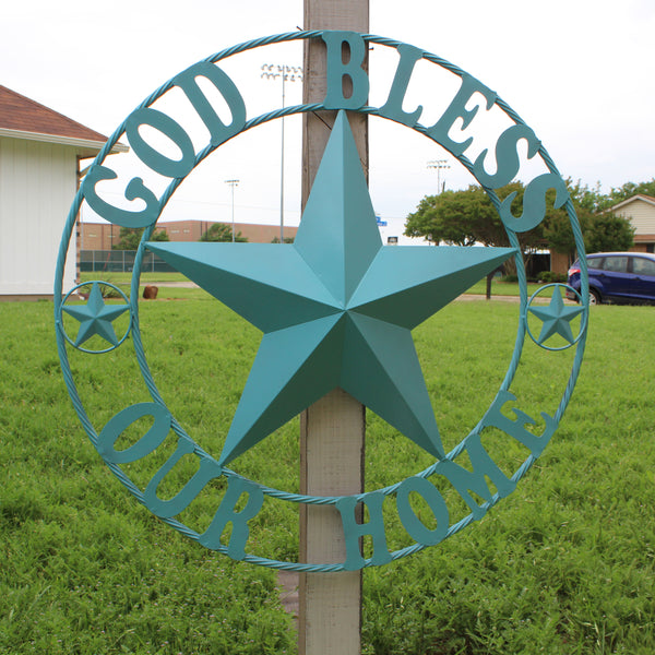 GOD BLESS OUR HOME BARN STAR TURQUOISE AQUA METAL LONE STAR TWISTED ROPE RING WESTERN HOME DECOR HANDMADE #EH12843