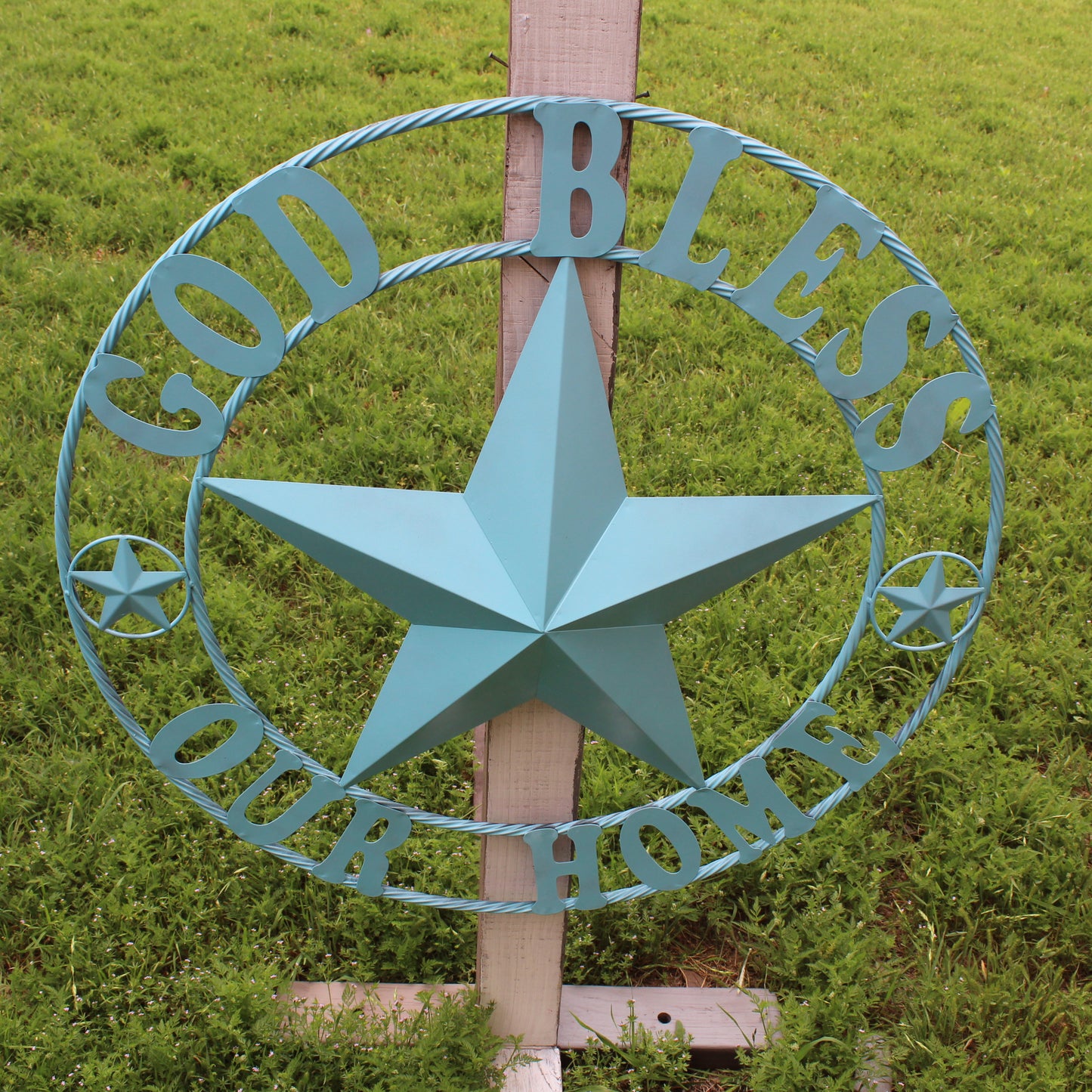 GOD BLESS OUR HOME BARN STAR TURQUOISE AQUA METAL LONE STAR TWISTED ROPE RING WESTERN HOME DECOR HANDMADE #EH12843