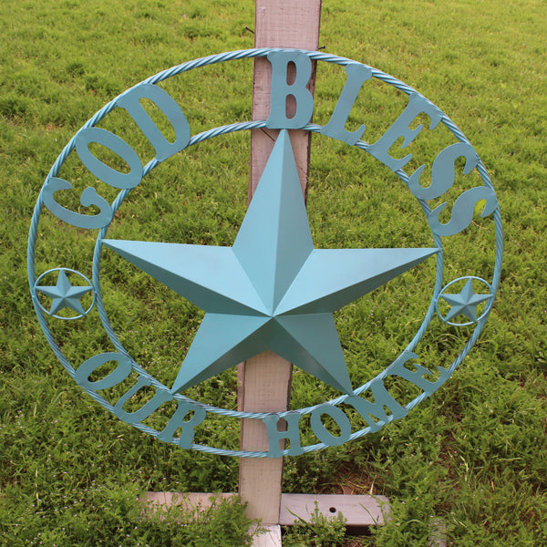 GOD BLESS OUR HOME BARN STAR TURQUOISE AQUA METAL LONE STAR TWISTED ROPE RING WESTERN HOME DECOR HANDMADE #EH12843