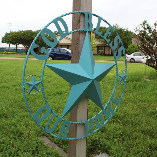 GOD BLESS OUR HOME BARN STAR TURQUOISE AQUA METAL LONE STAR TWISTED ROPE RING WESTERN HOME DECOR HANDMADE #EH12843