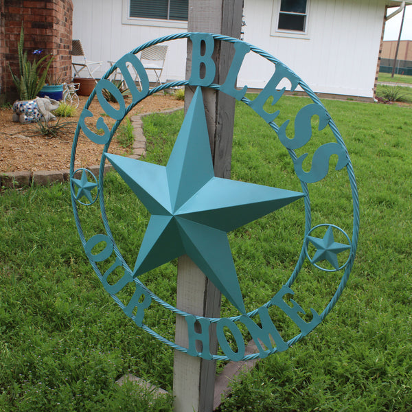 GOD BLESS OUR HOME BARN STAR TURQUOISE AQUA METAL LONE STAR TWISTED ROPE RING WESTERN HOME DECOR HANDMADE #EH12843