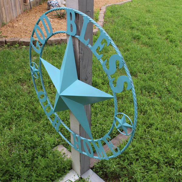 GOD BLESS OUR HOME BARN STAR TURQUOISE AQUA METAL LONE STAR TWISTED ROPE RING WESTERN HOME DECOR HANDMADE #EH12843