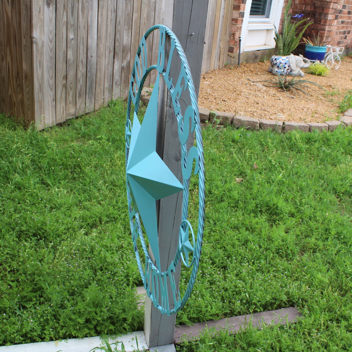 GOD BLESS OUR HOME BARN STAR TURQUOISE AQUA METAL LONE STAR TWISTED ROPE RING WESTERN HOME DECOR HANDMADE #EH12843