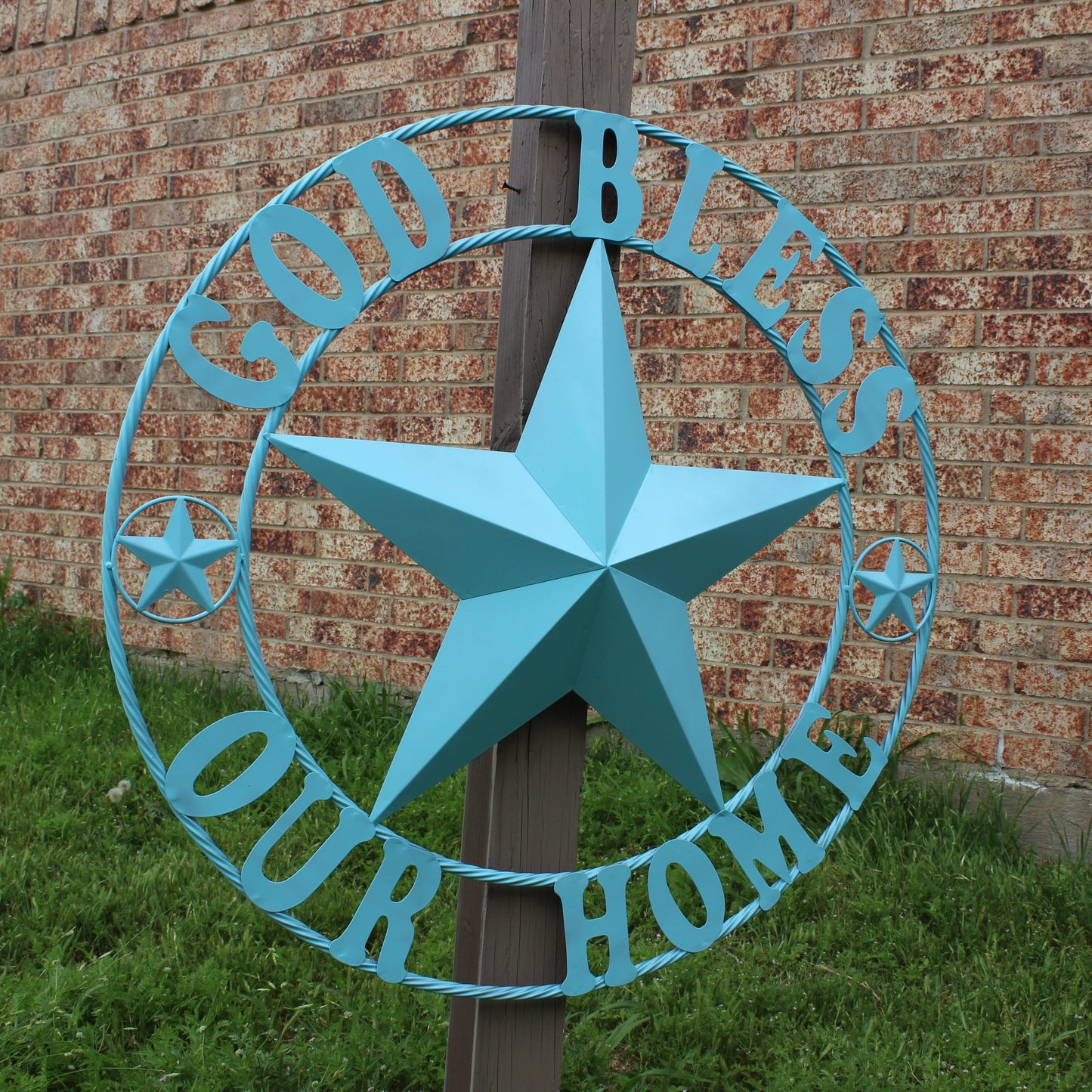 GOD BLESS OUR HOME BARN STAR TURQUOISE AQUA METAL LONE STAR TWISTED ROPE RING WESTERN HOME DECOR HANDMADE #EH12843