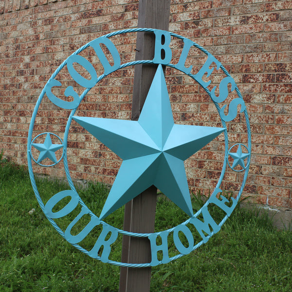 GOD BLESS OUR HOME BARN STAR TURQUOISE AQUA METAL LONE STAR TWISTED ROPE RING WESTERN HOME DECOR HANDMADE #EH12843