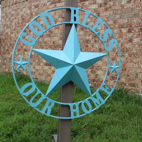 GOD BLESS OUR HOME BARN STAR TURQUOISE AQUA METAL LONE STAR TWISTED ROPE RING WESTERN HOME DECOR HANDMADE #EH12843