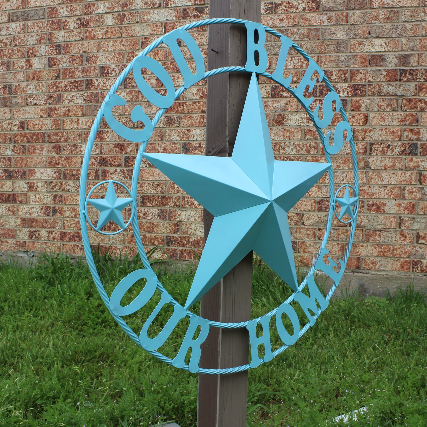 GOD BLESS OUR HOME BARN STAR TURQUOISE AQUA METAL LONE STAR TWISTED ROPE RING WESTERN HOME DECOR HANDMADE #EH12843