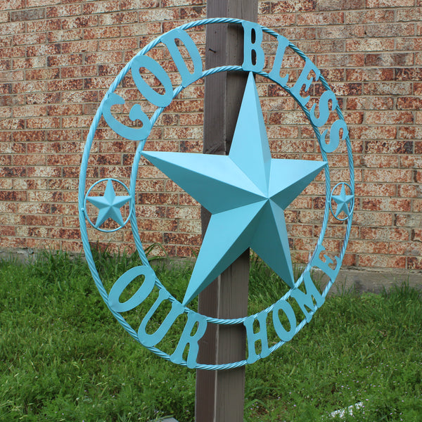GOD BLESS OUR HOME BARN STAR TURQUOISE AQUA METAL LONE STAR TWISTED ROPE RING WESTERN HOME DECOR HANDMADE #EH12843