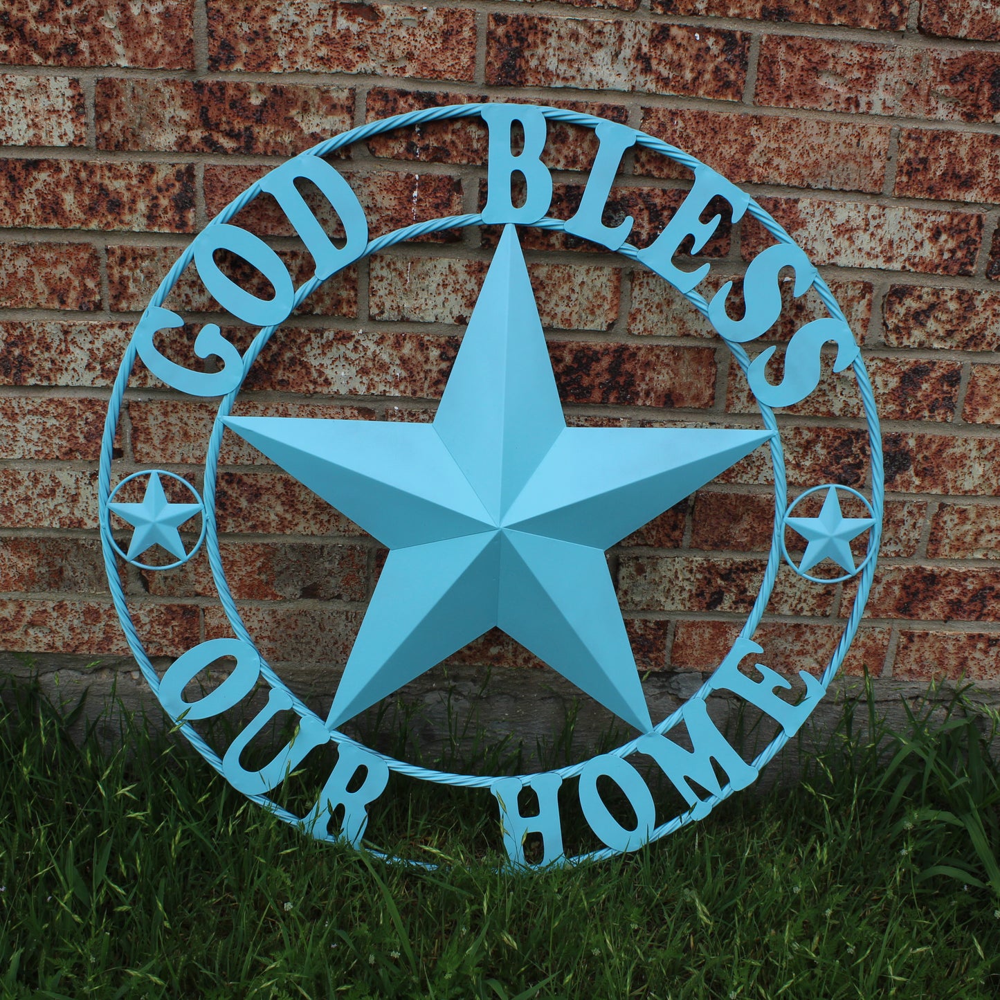 GOD BLESS OUR HOME BARN STAR TURQUOISE AQUA METAL LONE STAR TWISTED ROPE RING WESTERN HOME DECOR HANDMADE #EH12843