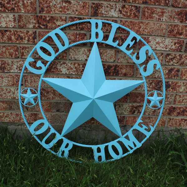 GOD BLESS OUR HOME BARN STAR TURQUOISE AQUA METAL LONE STAR TWISTED ROPE RING WESTERN HOME DECOR HANDMADE #EH12843