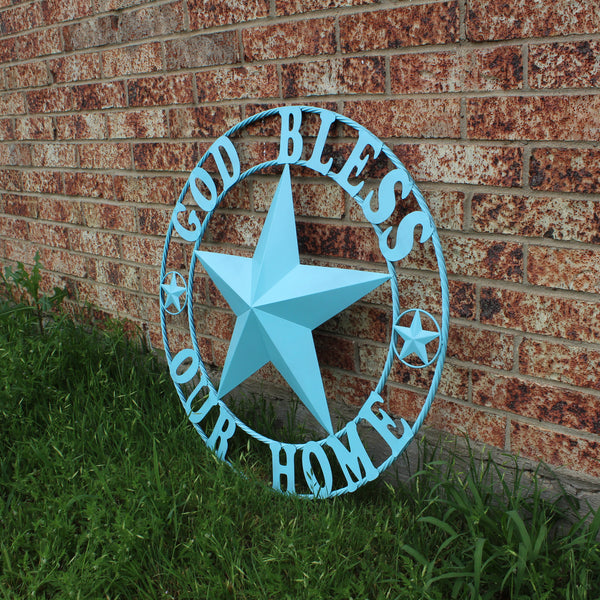 GOD BLESS OUR HOME BARN STAR TURQUOISE AQUA METAL LONE STAR TWISTED ROPE RING WESTERN HOME DECOR HANDMADE #EH12843