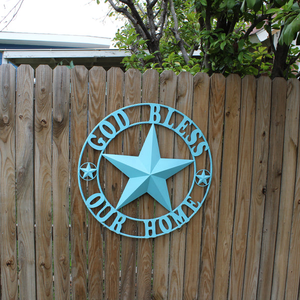 GOD BLESS OUR HOME BARN STAR TURQUOISE AQUA METAL LONE STAR TWISTED ROPE RING WESTERN HOME DECOR HANDMADE #EH12843