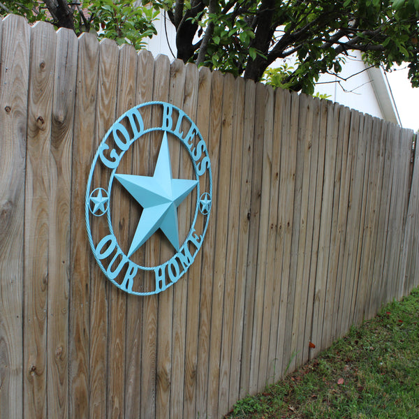 GOD BLESS OUR HOME BARN STAR TURQUOISE AQUA METAL LONE STAR TWISTED ROPE RING WESTERN HOME DECOR HANDMADE #EH12843