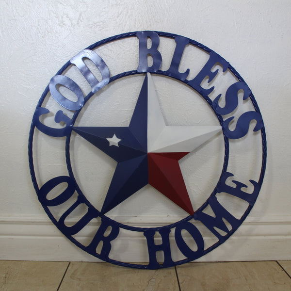 GOD BLESS OUR HOME BARN STAR INK BLUE METAL LONE STAR TWISTED ROPE RING WESTERN HOME DECOR HANDMADE #EH12843