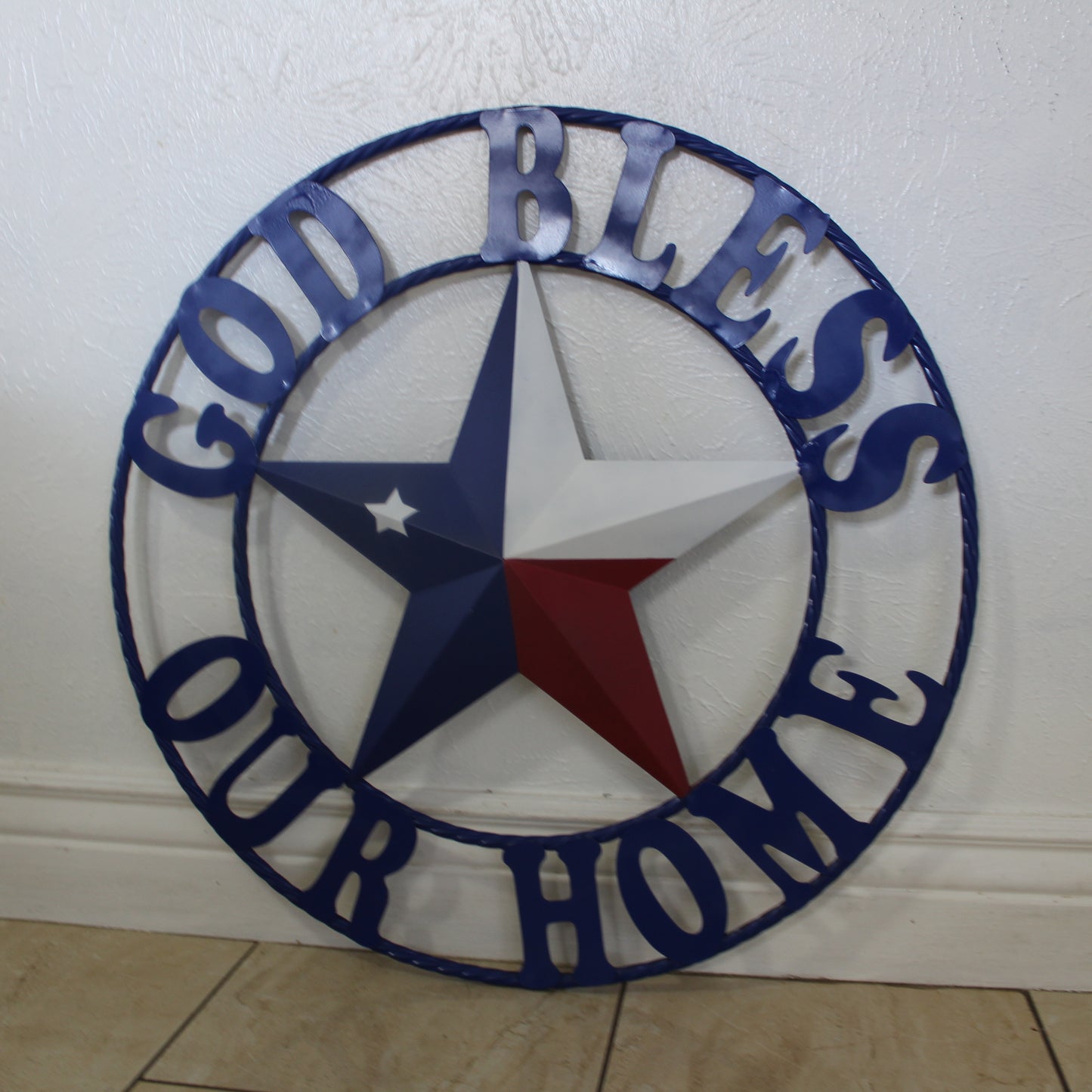 GOD BLESS OUR HOME BARN STAR INK BLUE METAL LONE STAR TWISTED ROPE RING WESTERN HOME DECOR HANDMADE #EH12843