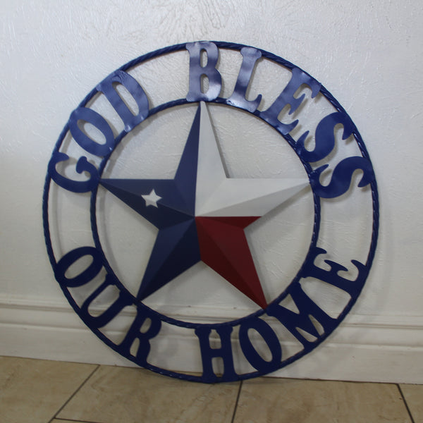 GOD BLESS OUR HOME BARN STAR INK BLUE METAL LONE STAR TWISTED ROPE RING WESTERN HOME DECOR HANDMADE #EH12843