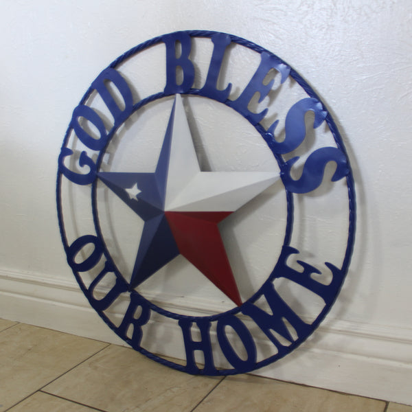 GOD BLESS OUR HOME BARN STAR INK BLUE METAL LONE STAR TWISTED ROPE RING WESTERN HOME DECOR HANDMADE #EH12843