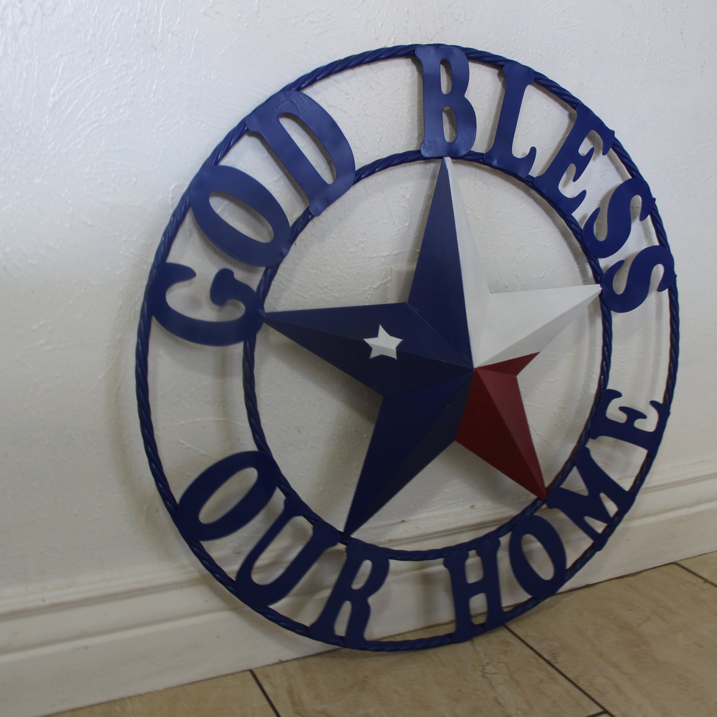 GOD BLESS OUR HOME BARN STAR INK BLUE METAL LONE STAR TWISTED ROPE RING WESTERN HOME DECOR HANDMADE #EH12843