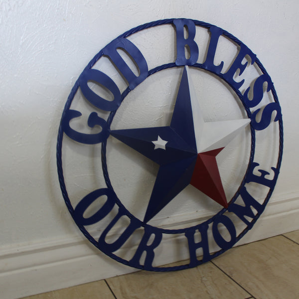 GOD BLESS OUR HOME BARN STAR INK BLUE METAL LONE STAR TWISTED ROPE RING WESTERN HOME DECOR HANDMADE #EH12843