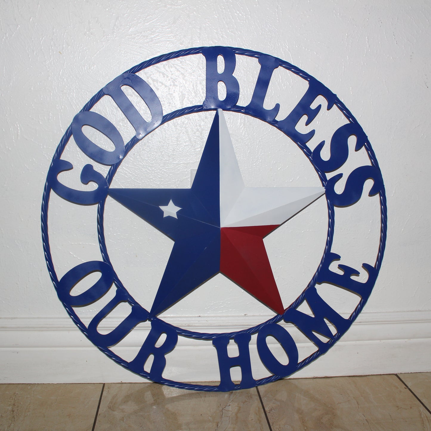 GOD BLESS OUR HOME BARN STAR INK BLUE METAL LONE STAR TWISTED ROPE RING WESTERN HOME DECOR HANDMADE #EH12843