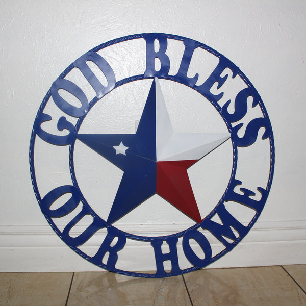 GOD BLESS OUR HOME BARN STAR INK BLUE METAL LONE STAR TWISTED ROPE RING WESTERN HOME DECOR HANDMADE #EH12843