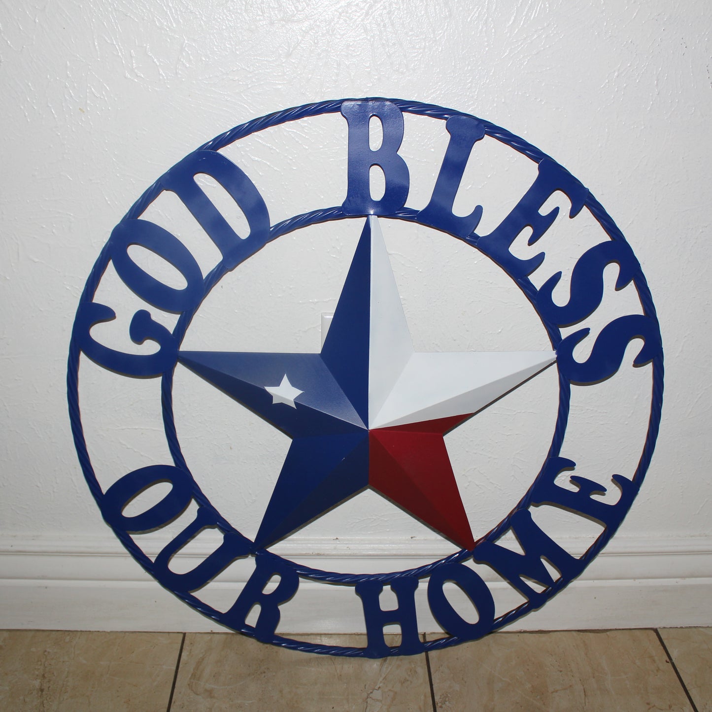 GOD BLESS OUR HOME BARN STAR INK BLUE METAL LONE STAR TWISTED ROPE RING WESTERN HOME DECOR HANDMADE #EH12843