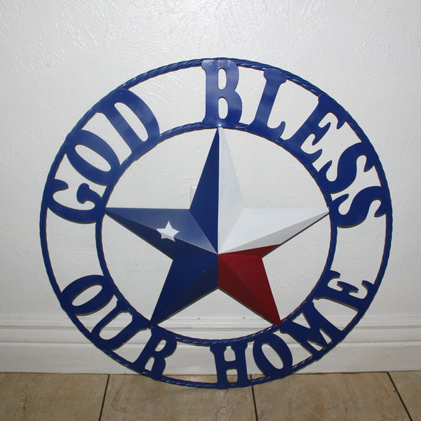 GOD BLESS OUR HOME BARN STAR INK BLUE METAL LONE STAR TWISTED ROPE RING WESTERN HOME DECOR HANDMADE #EH12843