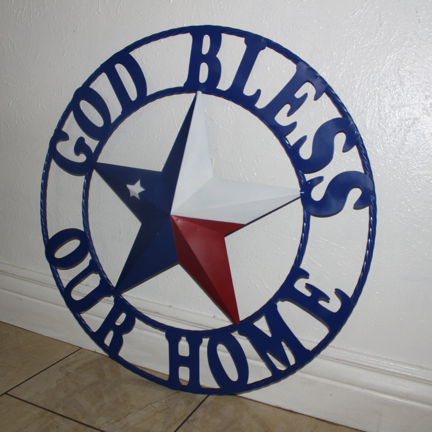 GOD BLESS OUR HOME BARN STAR INK BLUE METAL LONE STAR TWISTED ROPE RING WESTERN HOME DECOR HANDMADE #EH12843