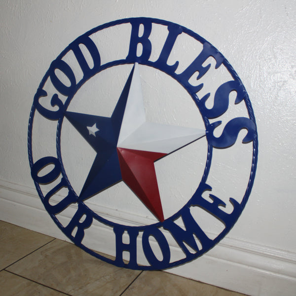 GOD BLESS OUR HOME BARN STAR INK BLUE METAL LONE STAR TWISTED ROPE RING WESTERN HOME DECOR HANDMADE #EH12843