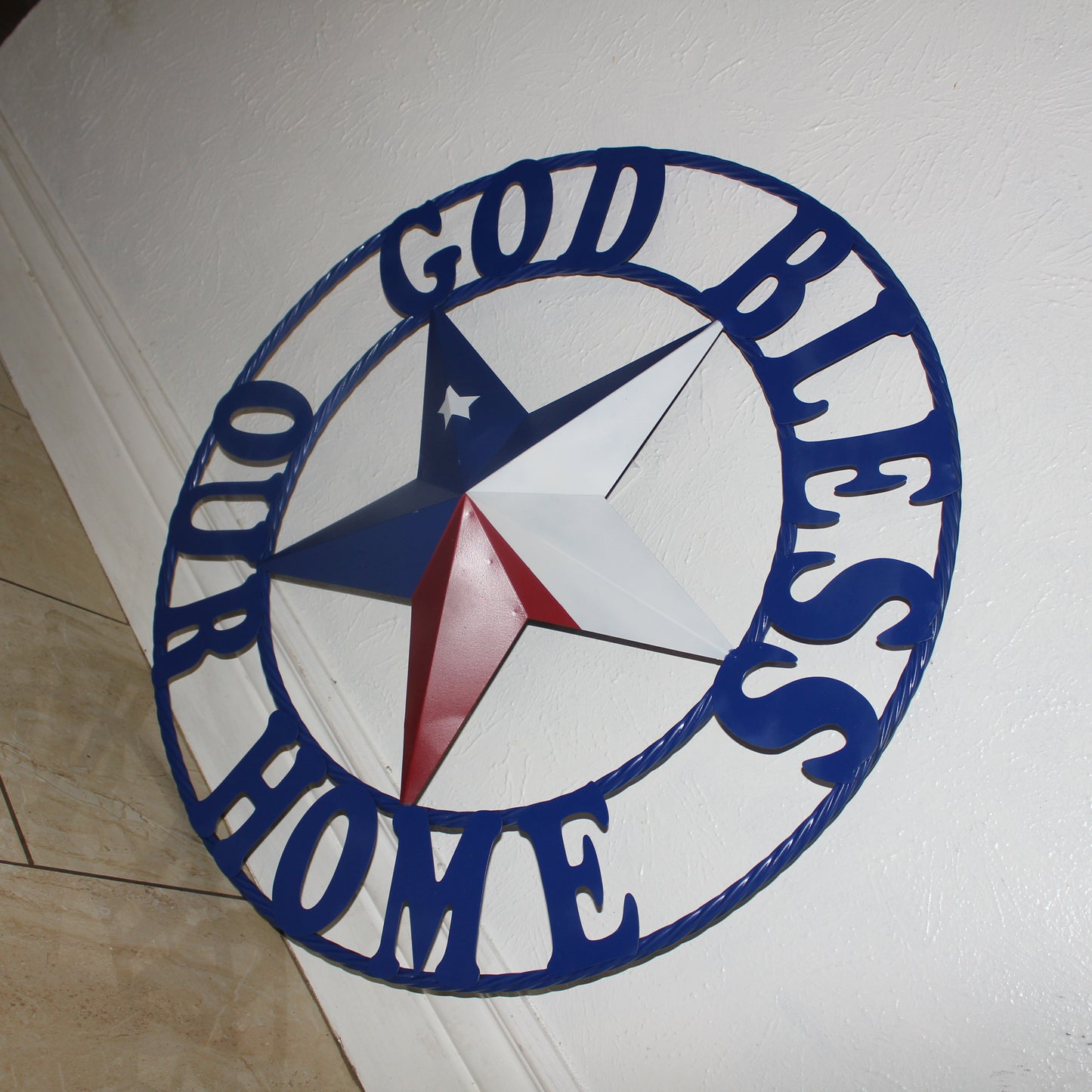 GOD BLESS OUR HOME BARN STAR INK BLUE METAL LONE STAR TWISTED ROPE RING WESTERN HOME DECOR HANDMADE #EH12843