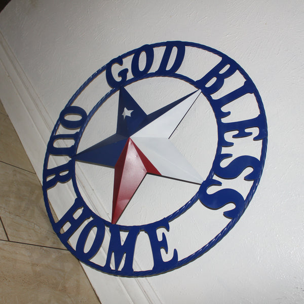 GOD BLESS OUR HOME BARN STAR INK BLUE METAL LONE STAR TWISTED ROPE RING WESTERN HOME DECOR HANDMADE #EH12843