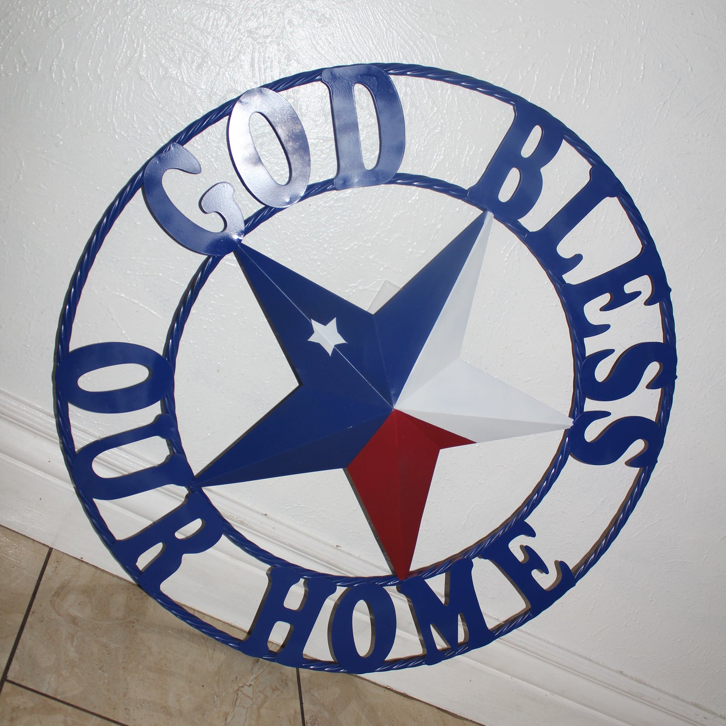 GOD BLESS OUR HOME BARN STAR INK BLUE METAL LONE STAR TWISTED ROPE RING WESTERN HOME DECOR HANDMADE #EH12843
