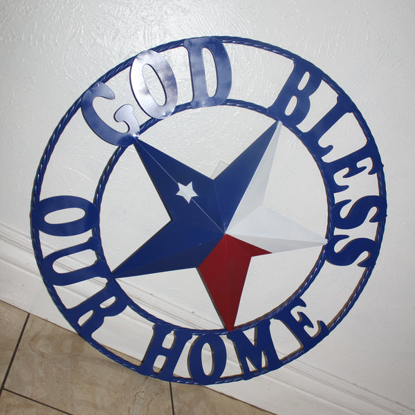 GOD BLESS OUR HOME BARN STAR INK BLUE METAL LONE STAR TWISTED ROPE RING WESTERN HOME DECOR HANDMADE #EH12843