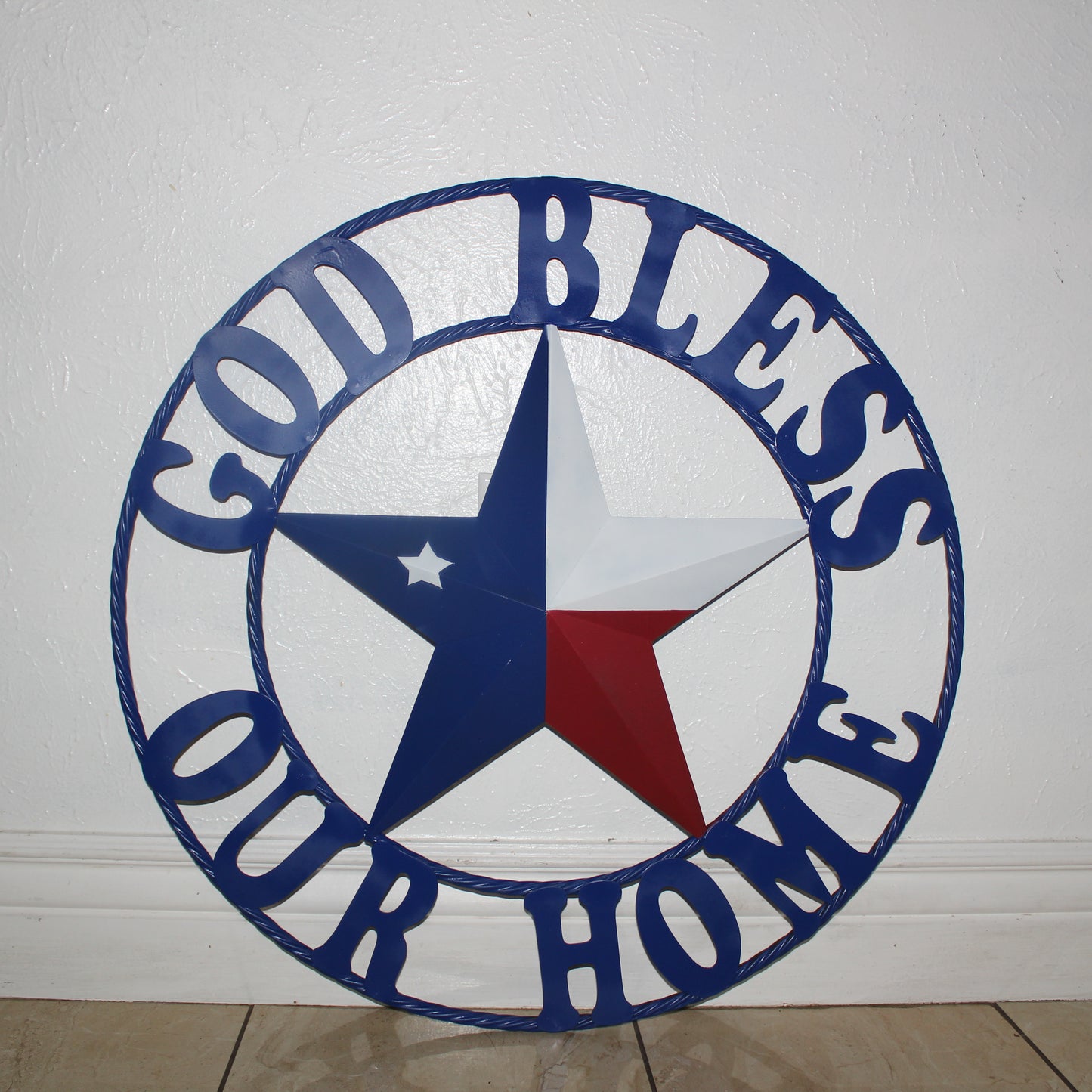 GOD BLESS OUR HOME BARN STAR INK BLUE METAL LONE STAR TWISTED ROPE RING WESTERN HOME DECOR HANDMADE #EH12843