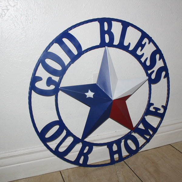 GOD BLESS OUR HOME BARN STAR INK BLUE METAL LONE STAR TWISTED ROPE RING WESTERN HOME DECOR HANDMADE #EH12843