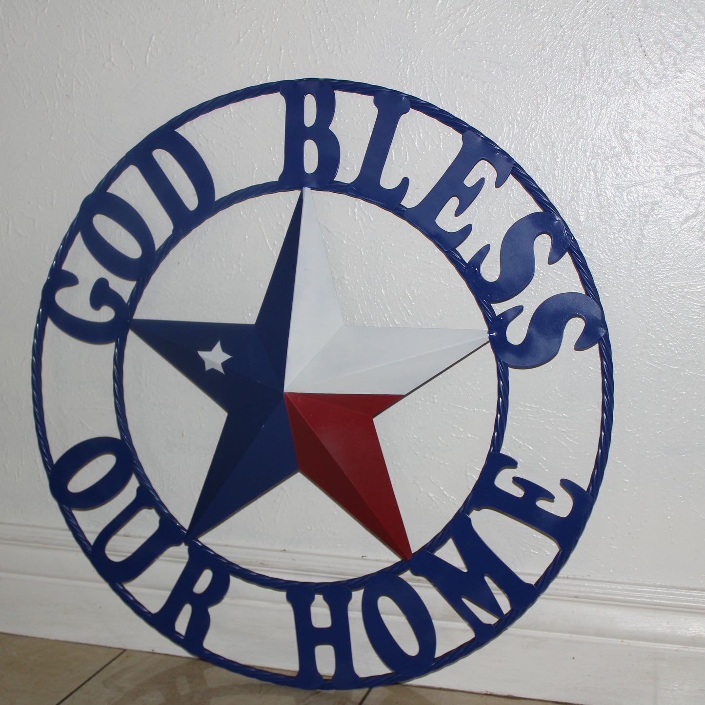 GOD BLESS OUR HOME BARN STAR INK BLUE METAL LONE STAR TWISTED ROPE RING WESTERN HOME DECOR HANDMADE #EH12843