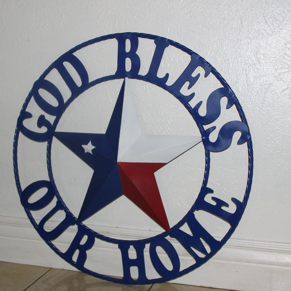 GOD BLESS OUR HOME BARN STAR INK BLUE METAL LONE STAR TWISTED ROPE RING WESTERN HOME DECOR HANDMADE #EH12843