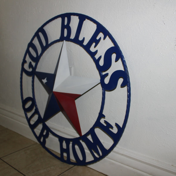 GOD BLESS OUR HOME BARN STAR INK BLUE METAL LONE STAR TWISTED ROPE RING WESTERN HOME DECOR HANDMADE #EH12843