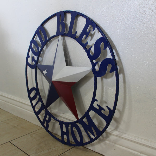 GOD BLESS OUR HOME BARN STAR INK BLUE METAL LONE STAR TWISTED ROPE RING WESTERN HOME DECOR HANDMADE #EH12843